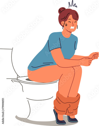 Woman poops sitting on toilet and suffers from constipation caused by indigestion or stomach problems. Girl pushing on toilet in WC, needing medicinal laxatives to normalize health