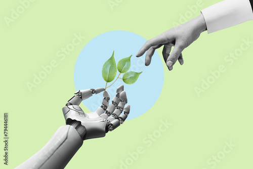  White cyborg robotic hand holding green plant with his finger. Ecology technology concept. Flat design art.