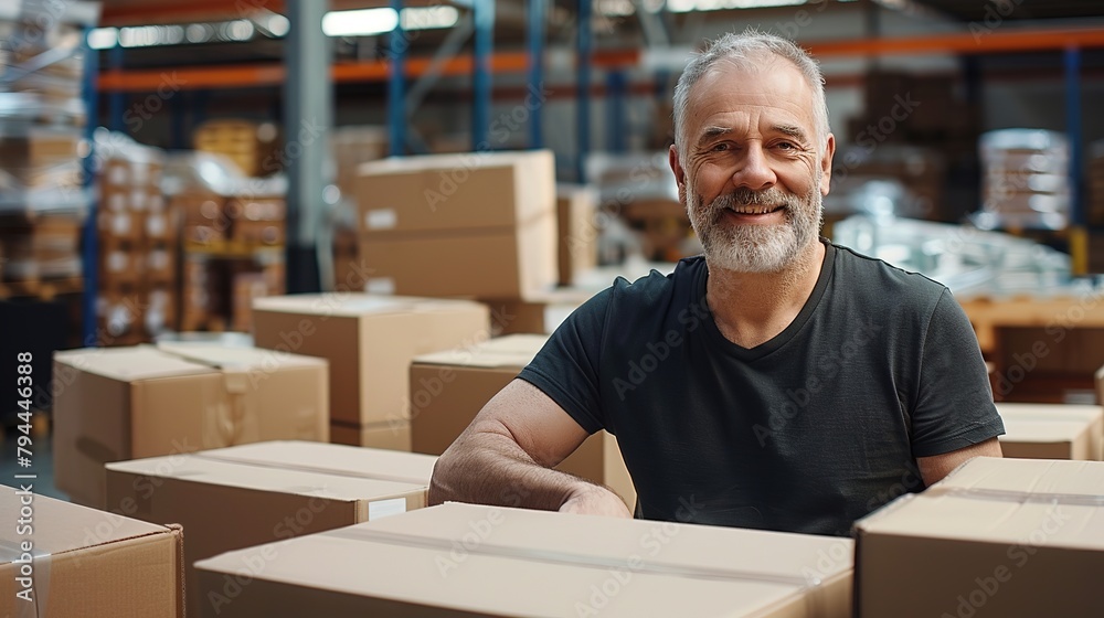 Mature man smiling at the camera while packing cardboard boxes in a distribution warehouse. Happy logistics worker preparing goods for shipment in a large fulfillment centre Mature man smiling at the camera while packing cardboard boxes in a distribution warehouse. Happy logistics worker preparing goods for shipment in a large fulfillment centre