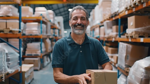 Mature man smiling at the camera while packing cardboard boxes in a distribution warehouse. Happy logistics worker preparing goods for shipment in a large fulfillment centre