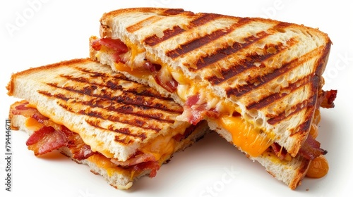 Delicious toasted sandwiches with cheddar cheese and bacon isolated, top view