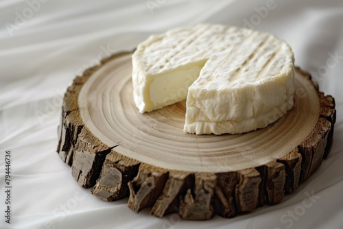 Soft Camembert Cheese on Rustic Wooden Cross Section against Silk Background photo