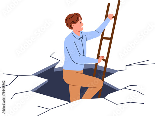 Business man escape from difficult situation, showing courage and climbing stairs from abyss. Guy found escape from problem by making effort to independently achieve goal or reach new level