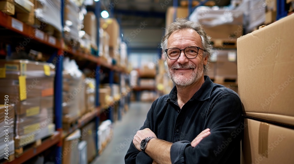 Mature man smiling at the camera while packing cardboard boxes in a distribution warehouse. Happy logistics worker preparing goods for shipment in a large fulfillment centre