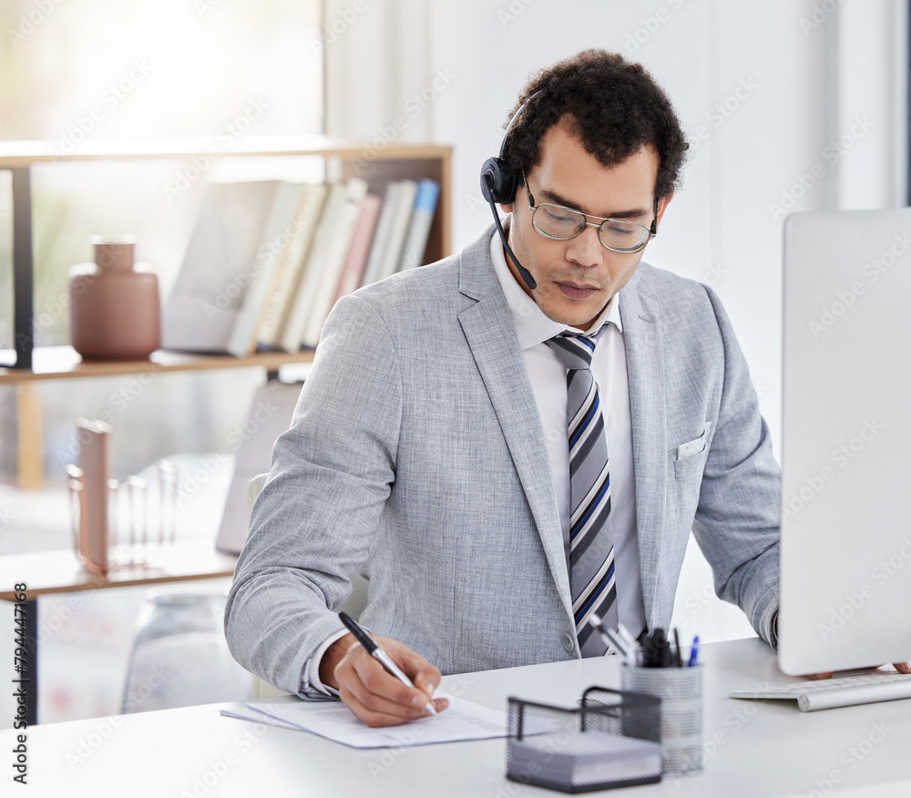 Businessman or call centre agent and paperwork with headphones and computer for telemarketing and customer service. Calm, man and crm with documents, tech to help advise and support clients in office Businessman or call centre agent and paperwork with headphones and computer for telemarketing and customer service. Calm, man and crm with documents, tech to help advise and support clients in office