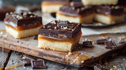 Millionaire shortbread slices with chocolate and caramel fudge photo