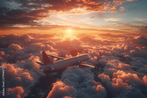 Airplane cruising through cumulus clouds in the sunset sky