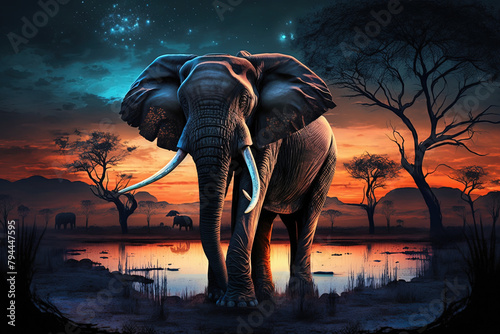 Elephant with a cosmic sky in the background