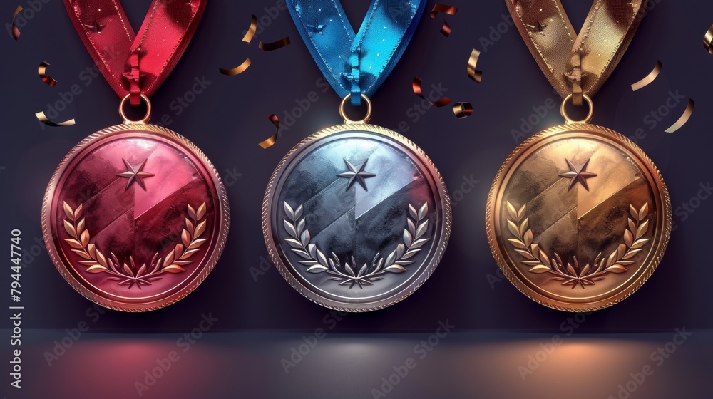 Various medals and prizes for sporting events, tournaments, contests, or championships. Colorful modern illustrations in flat style.