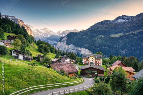 Wengen mountain village with Lauterbrunnen valley and Jungfrau mountain in the evening at Bern, Switzerland