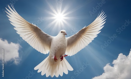Majestic White Dove Flying Gracefully Against a Sunlit Sky