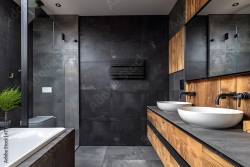 Contemporary modern bathroom interior in dark black colors  concrete and wooden elements.