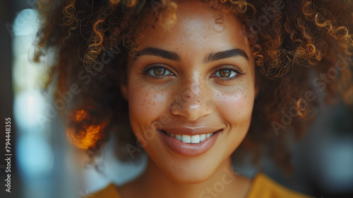 portrait of a stunning model with curly brown hair and subtle freckles smiling at the camera photo