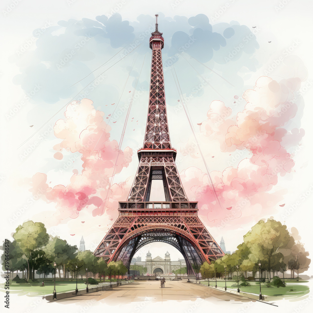 Watercolor Eiffel tower, clipart Illustration, Generative Ai - obrazy, fototapety, plakaty 