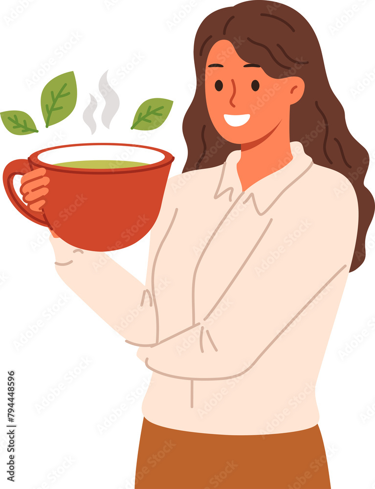 Woman drinks green loose leaf tea from large mug, enjoying bite of hot, soothing drink. Ceylon aromatic tea with mint and herbs in hand of business lady taking break while working or studying Woman drinks green loose leaf tea from large mug, enjoying bite of hot, soothing drink. Ceylon aromatic tea with mint and herbs in hand of business lady taking break while working or studying