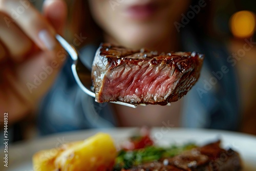 High-definition close-up of a woman enjoying a forkful of tender, succulent steak photo