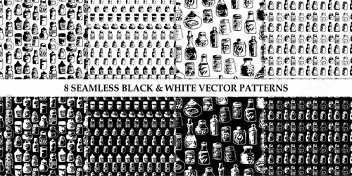 Seamless print pattern with jars and bottles with different food kitchen wallpaper background for textile, paper 