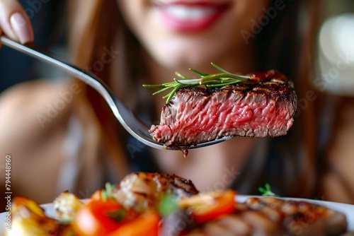 High-definition close-up of a woman enjoying a forkful of tender, succulent steak photo