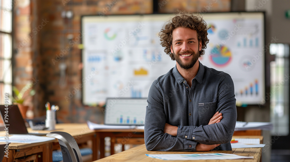 likeable smiling teacher standing in a class room in front of the whiteboard which shows several statistics and diagrams blurred in the background likeable smiling teacher standing in a class room in front of the whiteboard which shows several statistics and diagrams blurred in the background
