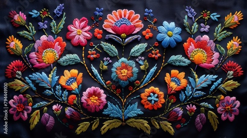 Ethnic colorful fashion ornament for the neck in satin stitch embroidery design. Folk line floral trendy pattern. photo