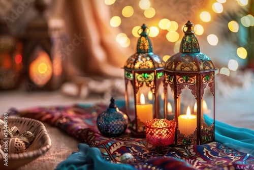 Ornate lanterns with candles casting warm glow  symbolizing Ramadan  festive and spiritual atmosphere