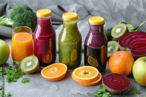 Assorted Fresh Fruit Juices in Bottles with Ingredients on Textured Grey Background for Healthy Diet