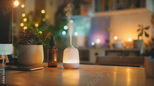 Vapor or mist coming out of an aromatherapy diffuser to disperse essential oil scent in the apartment photo