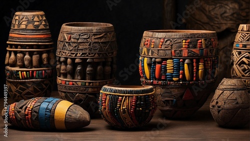 African artifacts djembe drum brass Ashanti doll and masks with exquisite wooden carvings photo