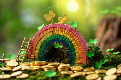 Colorful Hand-Painted Rainbow Arch with Gold Coins and Clover Leaves for St. Patrick s Day