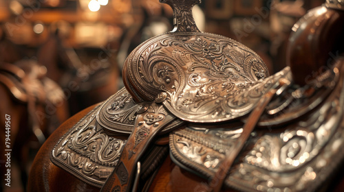 A horse saddle polished to a shine and adorned with intricate silver detailing serves as a unique and striking centerpiece in the room. .