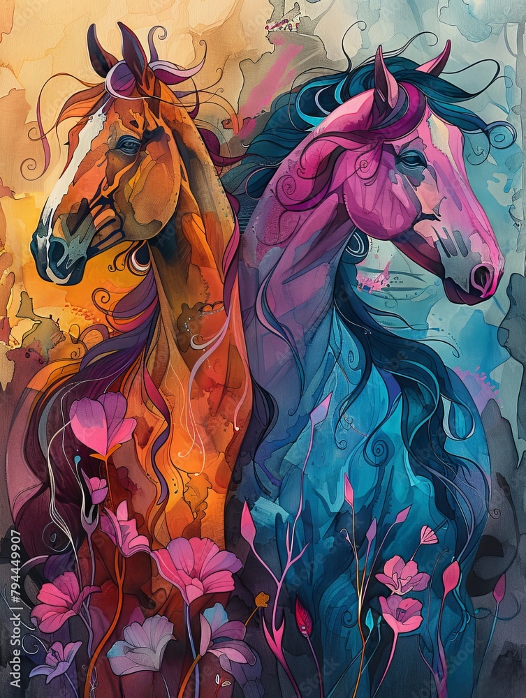 Two Horses with Flowers, set against a contrasting background
