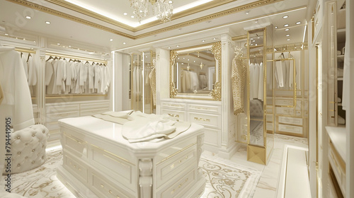 
Grande closet branco e dourado com lustre neoclássico photo