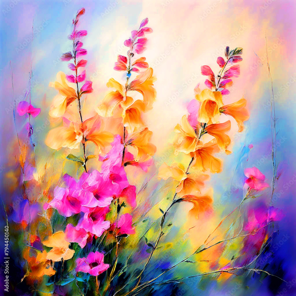 colourful bloomy vibrant watercolour oil painting splash colour of broom flowers