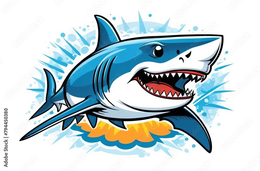 Cartoon shark in a frenzied pose with sharp teeth on display, amid a burst of splashy water Cartoon shark in a frenzied pose with sharp teeth on display, amid a burst of splashy water