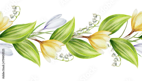 Watercolor seamless border with bouquet of white and yellow blooming crocus flowers and leaves, lilies of the valley isolated on background. Spring and easter botanical templates, banner. Hand painted