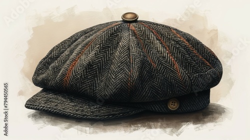 Set on a white background, this modern illustration shows a black newsboy cap with 3 buttons on the top.