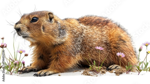 Isolated on white background, a cute brown marmot wakes up and emerges from its hole to usher in spring. Happy Groundhog Day inscription on the card. photo