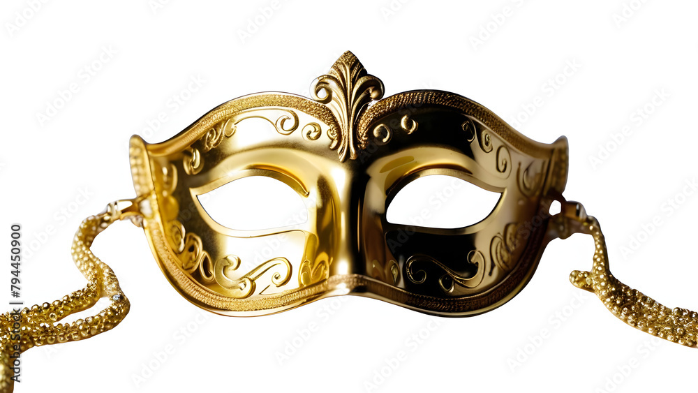 golden Venetian mask adorned with a gold chain
