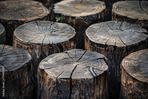 Dive into an abstract wonderland of wood stumps, where textures evoke a sense of tranquility