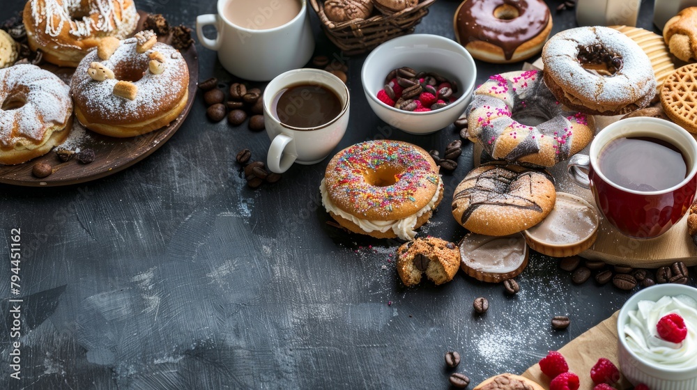 Table with various cookies, donuts, cakes and coffe cups on dark backround. Panorama, banner Table with various cookies, donuts, cakes and coffe cups on dark backround. Panorama, banner