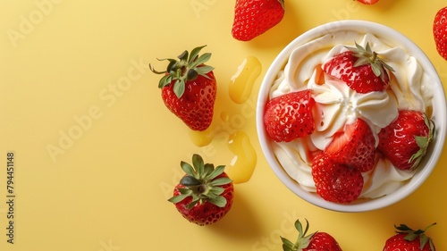 Bowl of cream with strawberries and honey on yellow background photo