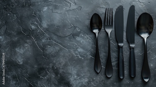 Set of black cutlery arranged neatly on textured dark surface