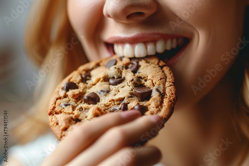 Detailed close-up of a woman munching on a chewy, sweet cookie photo