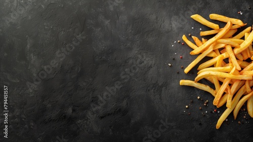 Pile of golden french fries with salt on dark surface photo