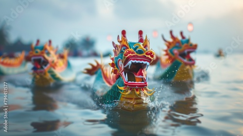 Colorful dragon boats racing on water with splashes photo