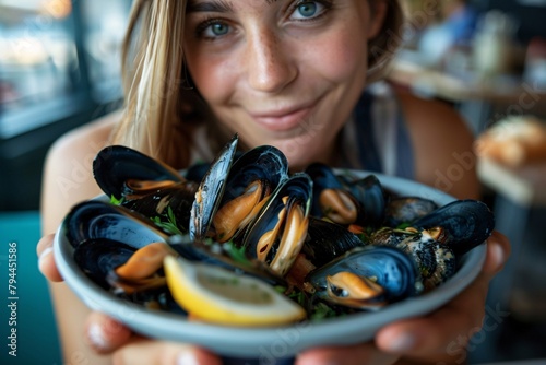 Detailed close-up of a woman indulging in a plate of briny, flavorful mussels