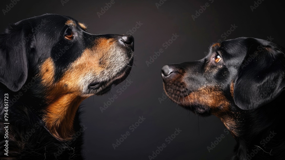 Two black and tan dogs facing each other against dark background