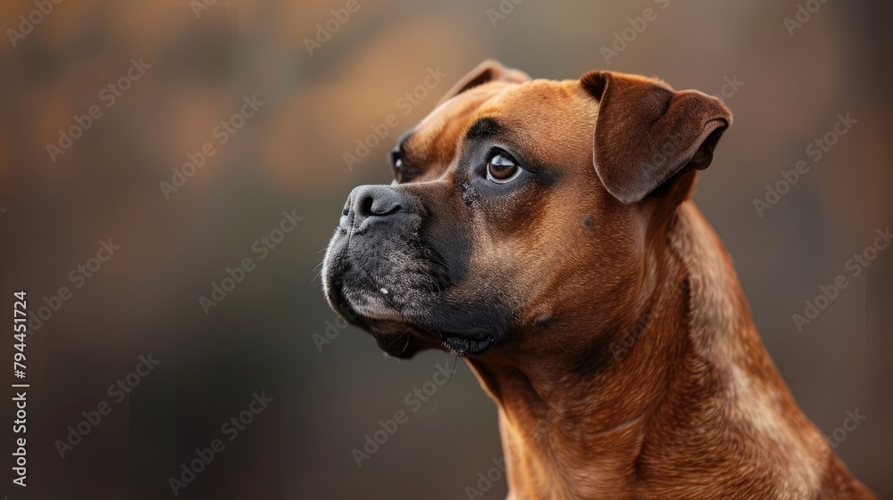 Alert brown boxer dog with focused gaze on blurred background