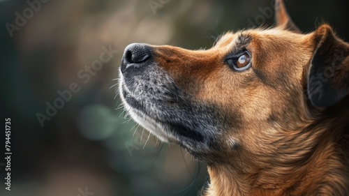 Close-up of brown dog with alert expression  focused gaze  outdoors