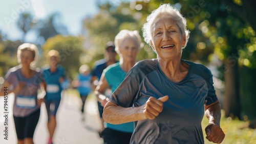 Elderly woman smiling while participating in running event with other seniors park